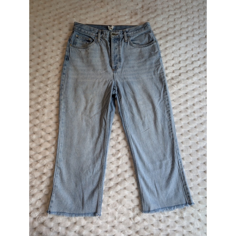 Topshop Denim Cropped Jeans Frayed Hem High Waist Button Fly Petite‎ W32